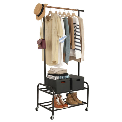 Garment Rack on Wheels with 2 Tier Storage Shelves